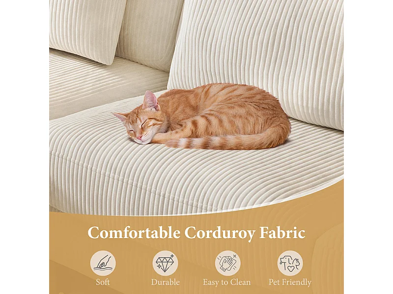 Canapé d'angle réversible en velours cotelé - 2 places + méridienne - Beige - 256 x 160 x 88 cm