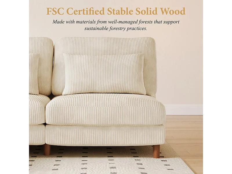 Canapé d'angle réversible en velours cotelé - 2 places + méridienne - Beige - 256 x 160 x 88 cm