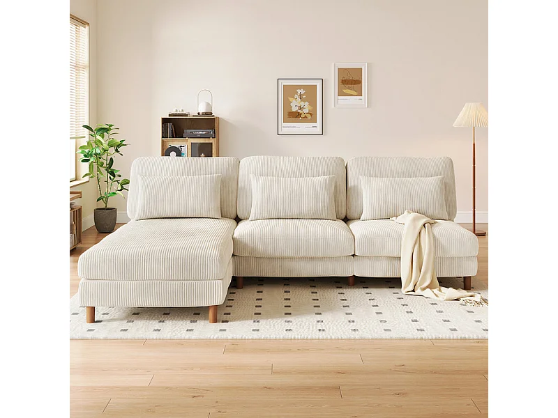 Hoekbank reversibel in geribbelde fluweel - 2-zits + méridienne - Beige - 256 x 160 x 88 cm