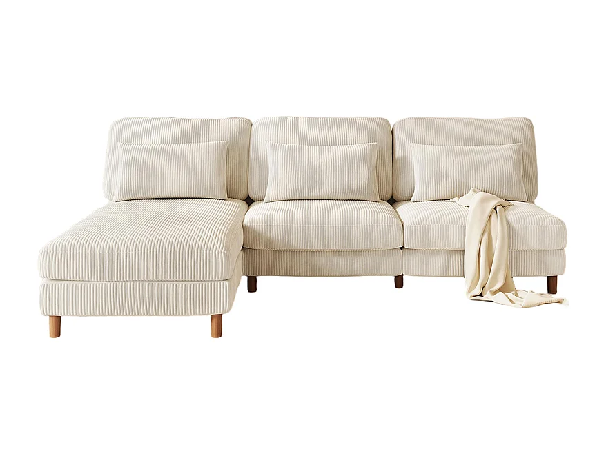 Hoekbank reversibel in geribbelde fluweel - 2-zits + méridienne - Beige - 256 x 160 x 88 cm
