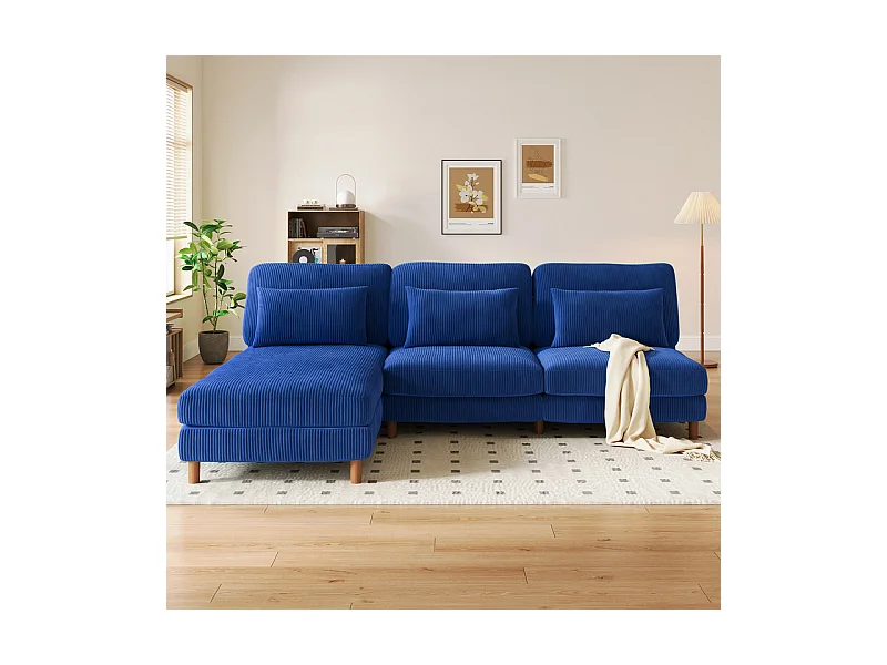 Canapé d'angle réversible en velours cotelé - 2 places + méridienne - Bleu - 256 x 160 x 88 cm