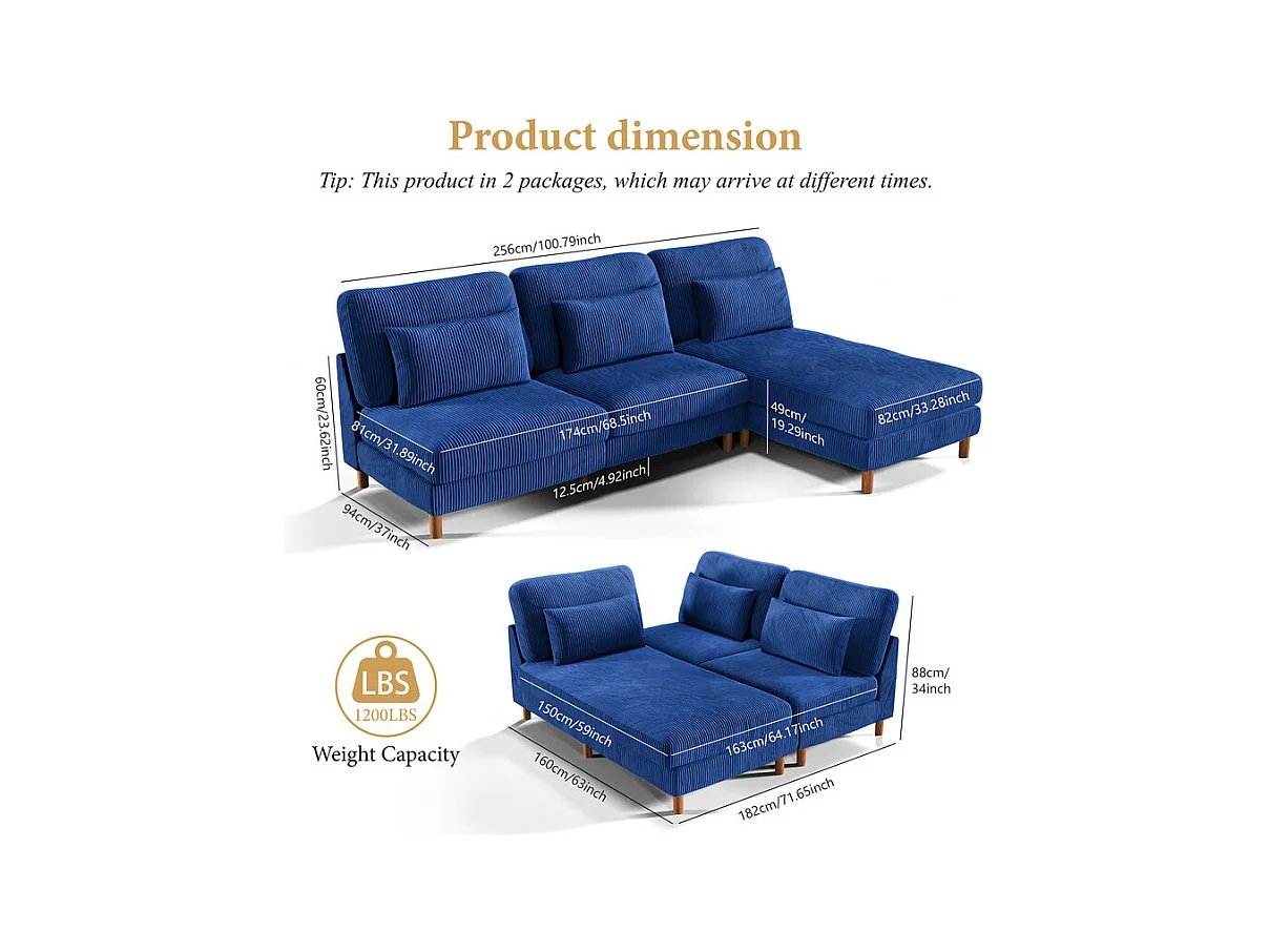 Canapé d'angle réversible en velours cotelé - 2 places + méridienne - Bleu - 256 x 160 x 88 cm