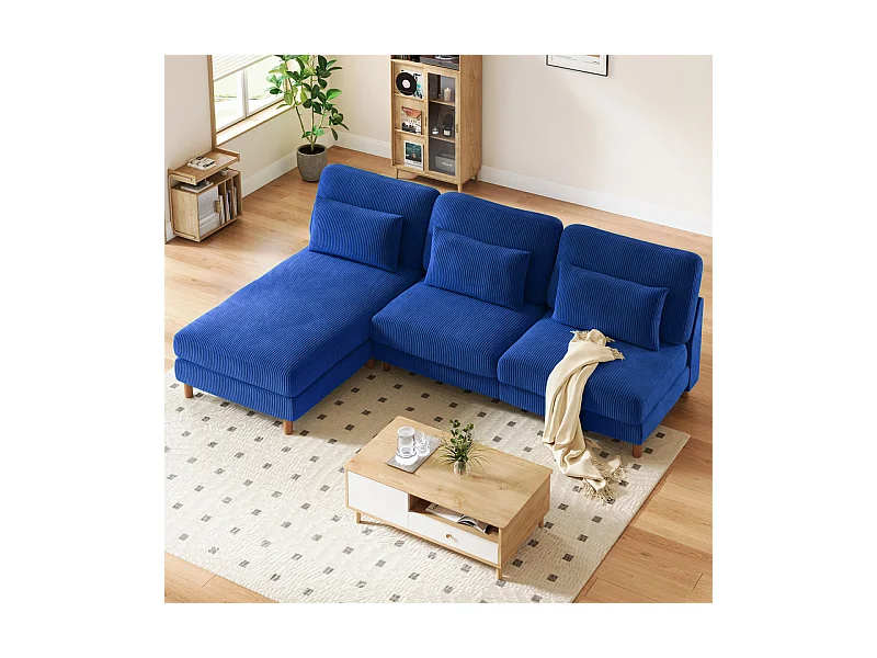 Canapé d'angle réversible en velours cotelé - 2 places + méridienne - Bleu - 256 x 160 x 88 cm