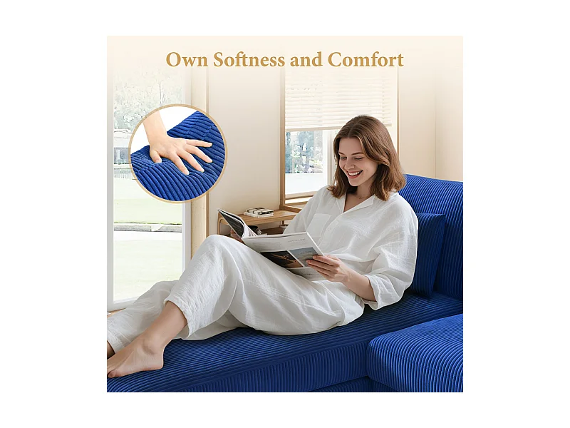 Canapé d'angle réversible en velours cotelé - 2 places + méridienne - Bleu - 256 x 160 x 88 cm