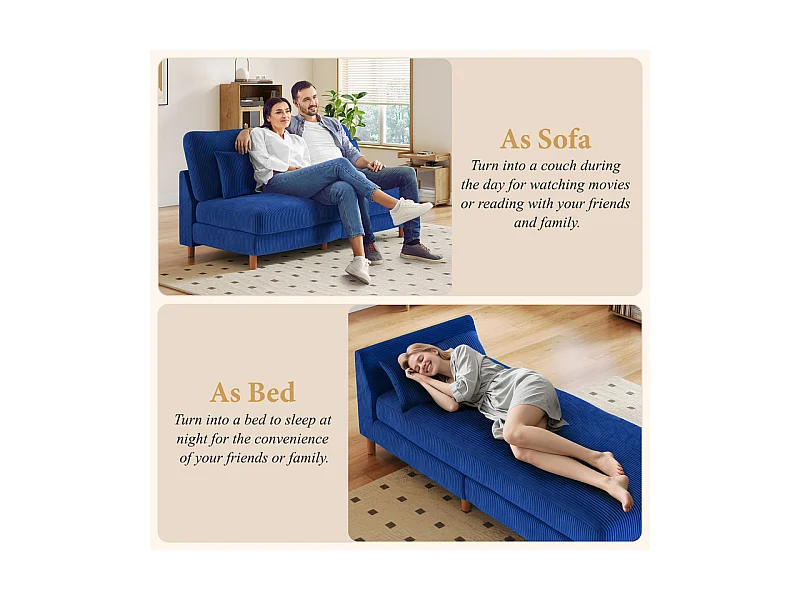 Canapé d'angle réversible en velours cotelé - 2 places + méridienne - Bleu - 256 x 160 x 88 cm