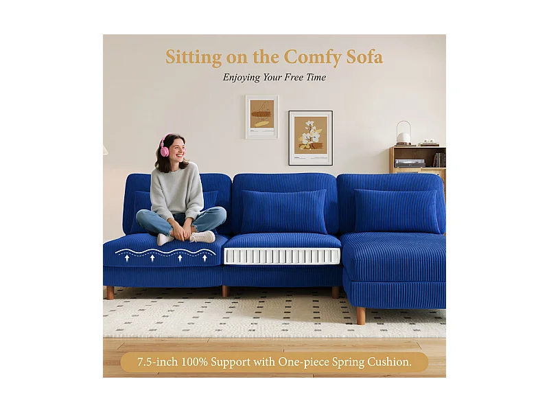 Canapé d'angle réversible en velours cotelé - 2 places + méridienne - Bleu - 256 x 160 x 88 cm