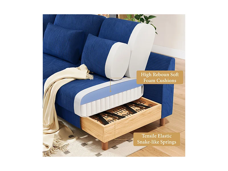 Canapé d'angle réversible en velours cotelé - 2 places + méridienne - Bleu - 256 x 160 x 88 cm