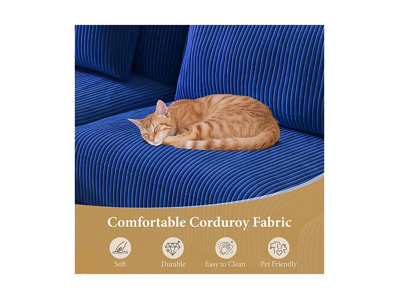 Canapé d'angle réversible en velours cotelé - 2 places + méridienne - Bleu - 256 x 160 x 88 cm