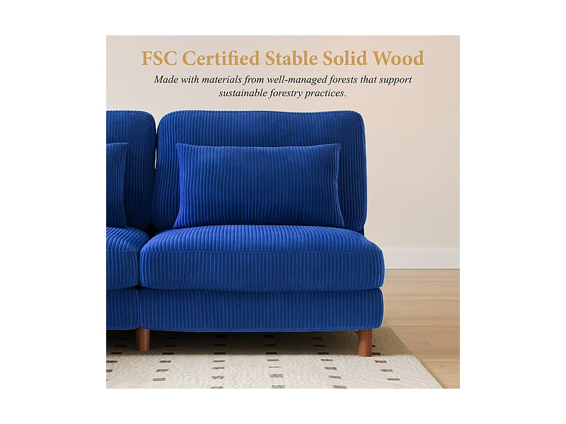 Canapé d'angle réversible en velours cotelé - 2 places + méridienne - Bleu - 256 x 160 x 88 cm