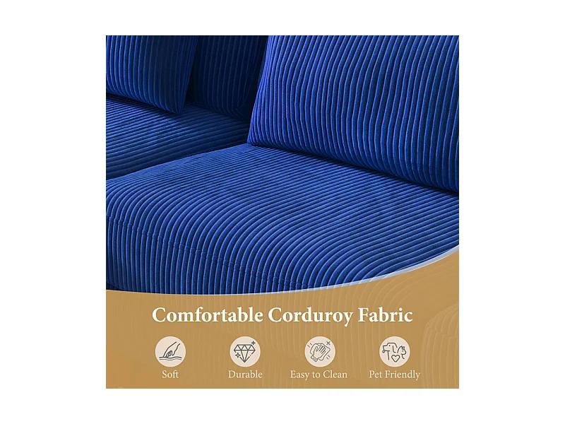 Canapé d'angle réversible en velours cotelé - 2 places + méridienne - Bleu - 256 x 160 x 88 cm