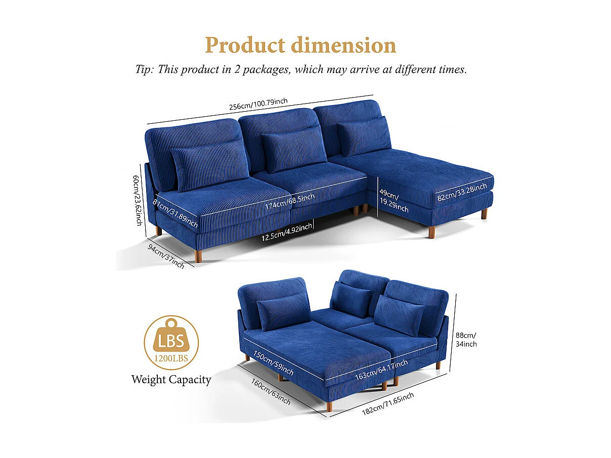 Canapé d'angle réversible en velours cotelé - 2 places + méridienne - Bleu - 256 x 160 x 88 cm