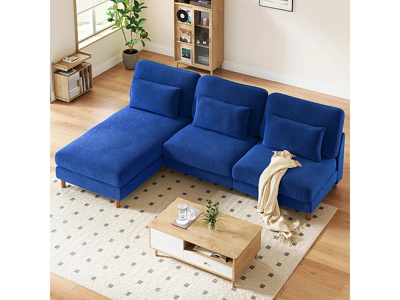 Canapé d'angle réversible en velours cotelé - 2 places + méridienne - Bleu - 256 x 160 x 88 cm