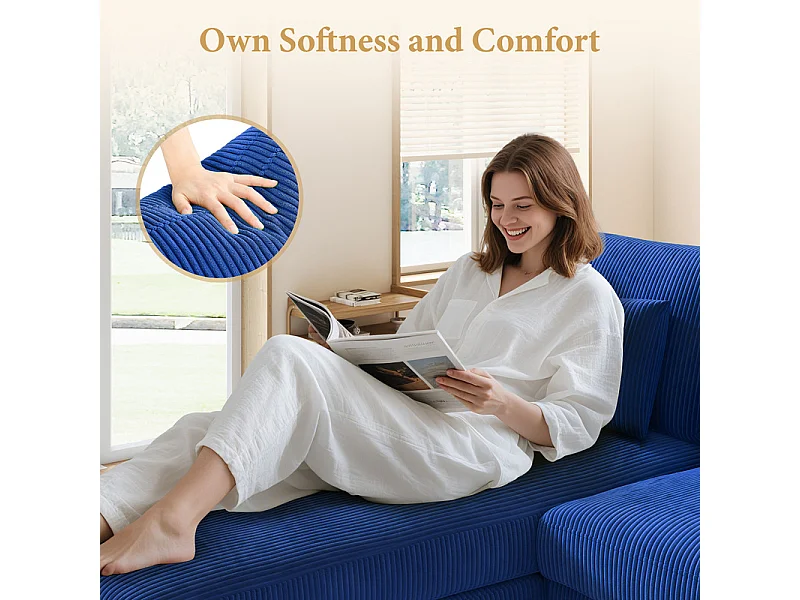 Canapé d'angle réversible en velours cotelé - 2 places + méridienne - Bleu - 256 x 160 x 88 cm