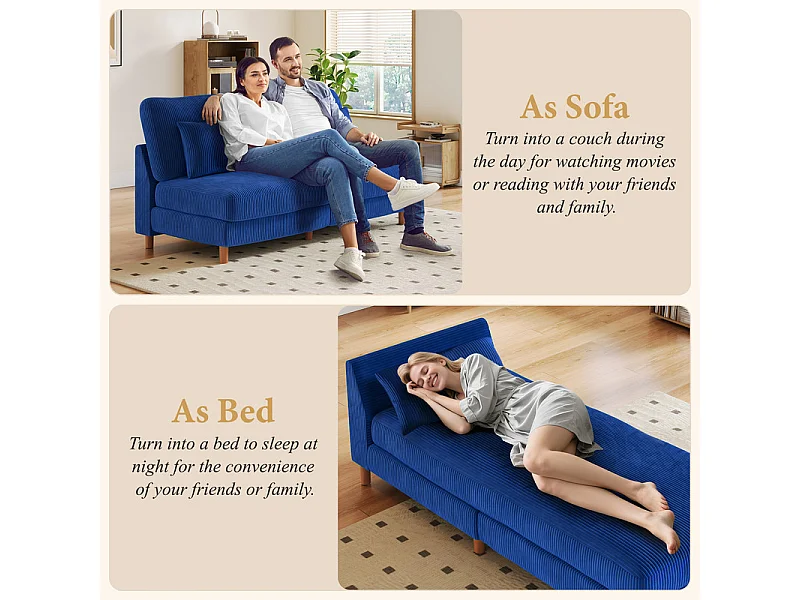 Canapé d'angle réversible en velours cotelé - 2 places + méridienne - Bleu - 256 x 160 x 88 cm