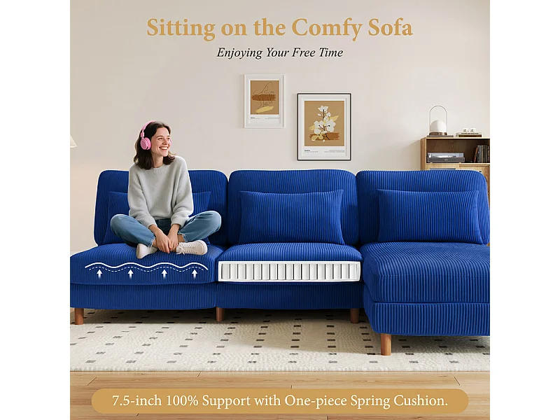 Canapé d'angle réversible en velours cotelé - 2 places + méridienne - Bleu - 256 x 160 x 88 cm