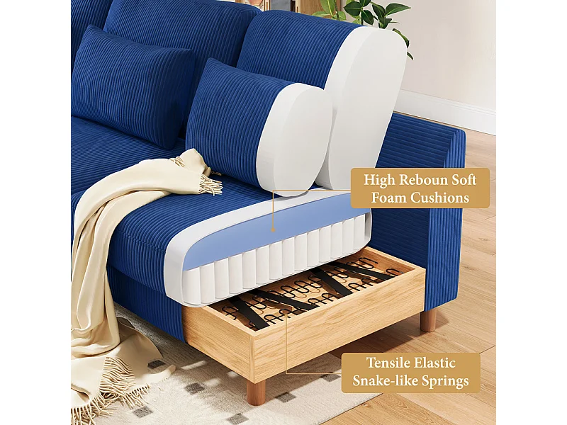 Canapé d'angle réversible en velours cotelé - 2 places + méridienne - Bleu - 256 x 160 x 88 cm