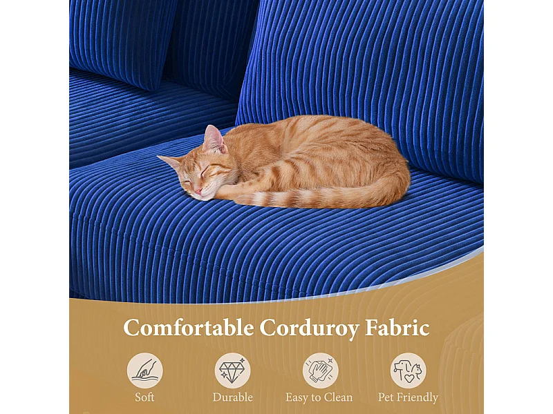 Canapé d'angle réversible en velours cotelé - 2 places + méridienne - Bleu - 256 x 160 x 88 cm