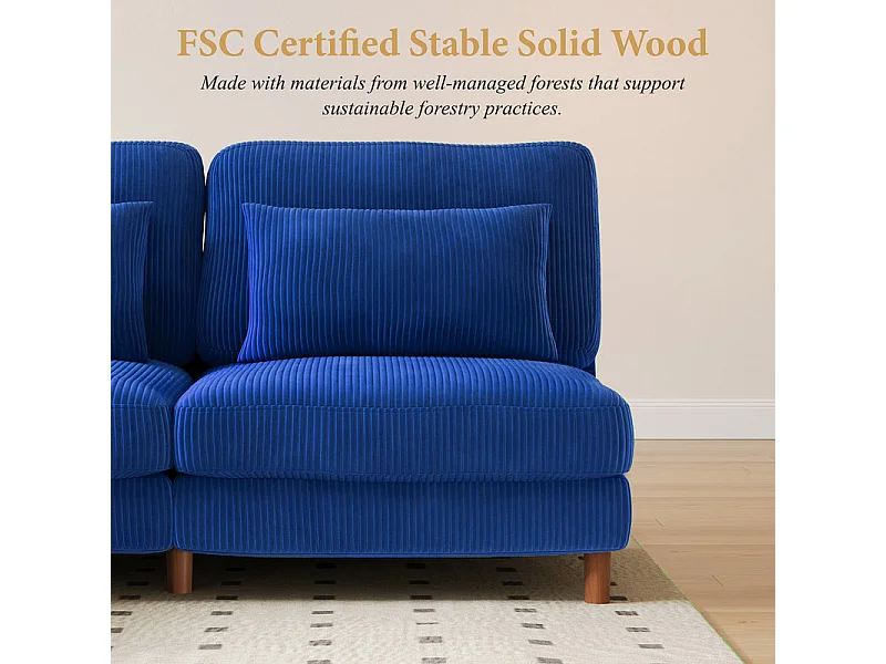 Canapé d'angle réversible en velours cotelé - 2 places + méridienne - Bleu - 256 x 160 x 88 cm