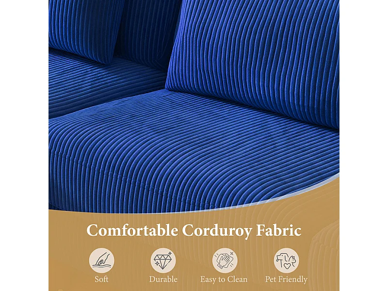 Canapé d'angle réversible en velours cotelé - 2 places + méridienne - Bleu - 256 x 160 x 88 cm