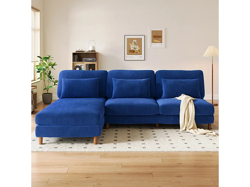 Canapé angolare reversibile in velluto costato - 2 posti + méridienne - Blu - 256 x 160 x 88 cm