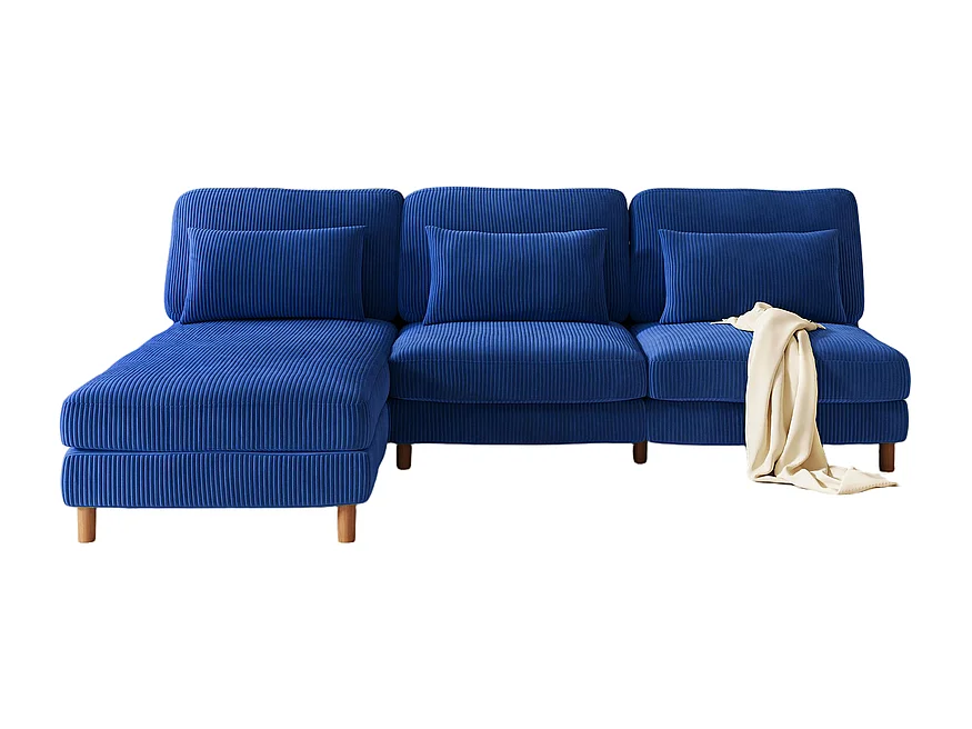 Canapé angolare reversibile in velluto costato - 2 posti + méridienne - Blu - 256 x 160 x 88 cm