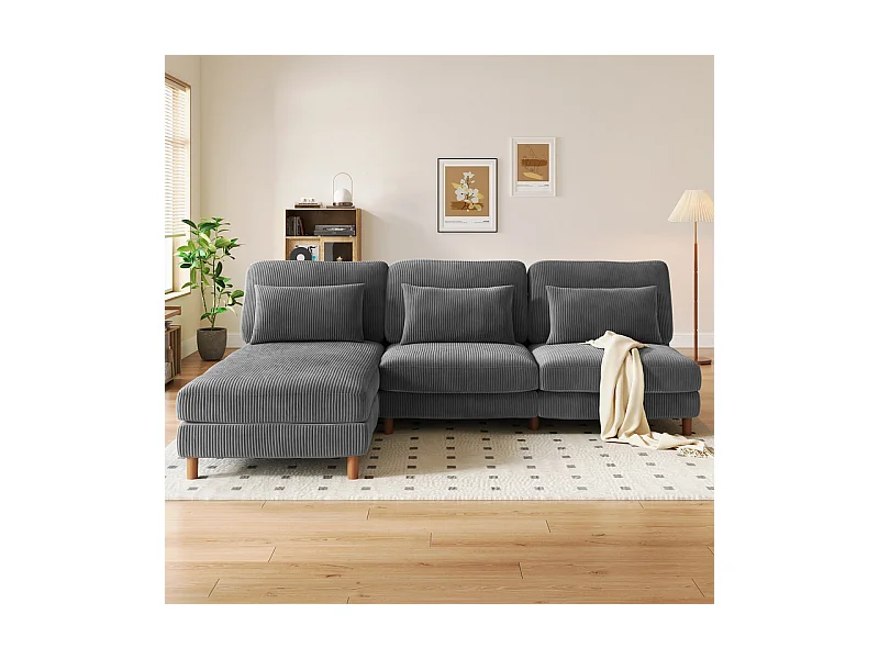 Canapé d'angle réversible en velours cotelé - 2 places + méridienne - Gris - 256 x 160 x 88 cm