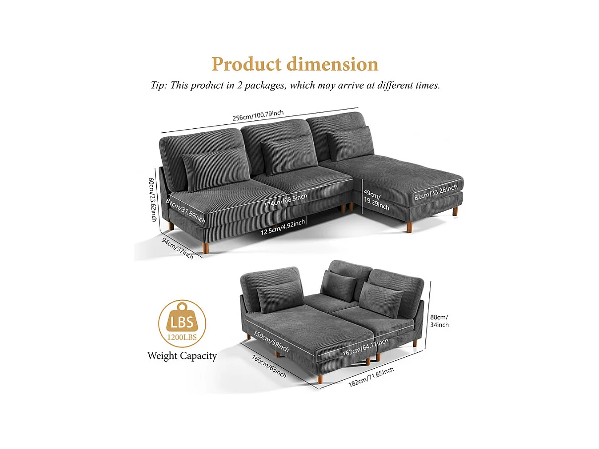 Canapé d'angle réversible en velours cotelé - 2 places + méridienne - Gris - 256 x 160 x 88 cm