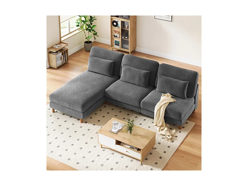 Canapé d'angle réversible en velours cotelé - 2 places + méridienne - Gris - 256 x 160 x 88 cm