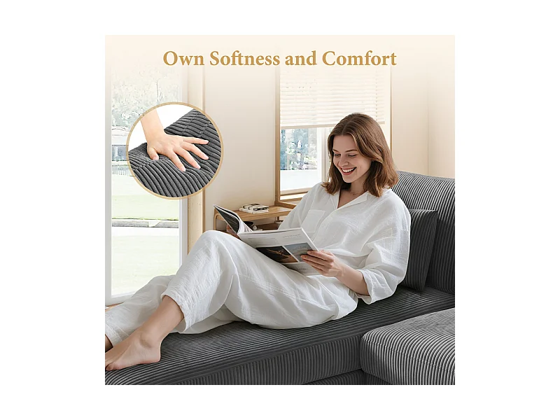 Canapé d'angle réversible en velours cotelé - 2 places + méridienne - Gris - 256 x 160 x 88 cm