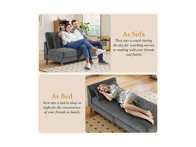 Canapé d'angle réversible en velours cotelé - 2 places + méridienne - Gris - 256 x 160 x 88 cm