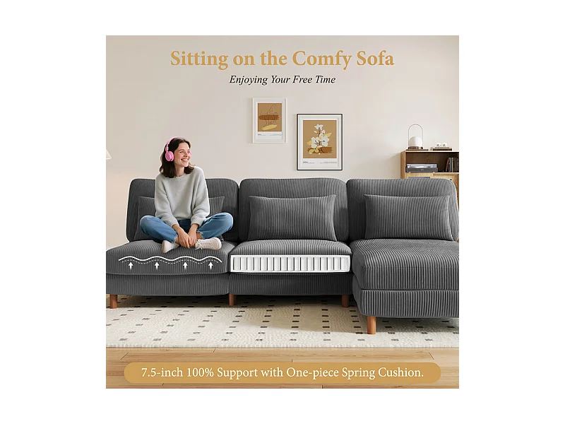 Canapé d'angle réversible en velours cotelé - 2 places + méridienne - Gris - 256 x 160 x 88 cm