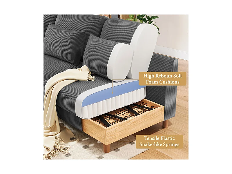 Canapé d'angle réversible en velours cotelé - 2 places + méridienne - Gris - 256 x 160 x 88 cm