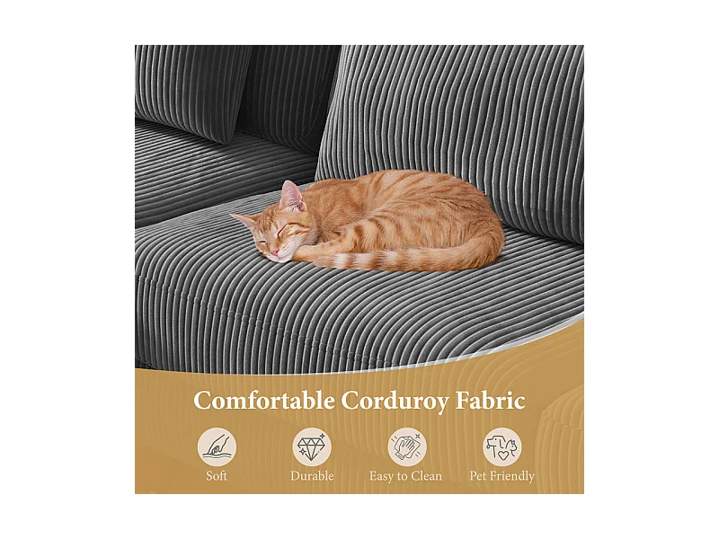 Canapé d'angle réversible en velours cotelé - 2 places + méridienne - Gris - 256 x 160 x 88 cm