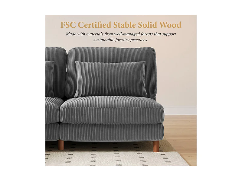 Canapé d'angle réversible en velours cotelé - 2 places + méridienne - Gris - 256 x 160 x 88 cm