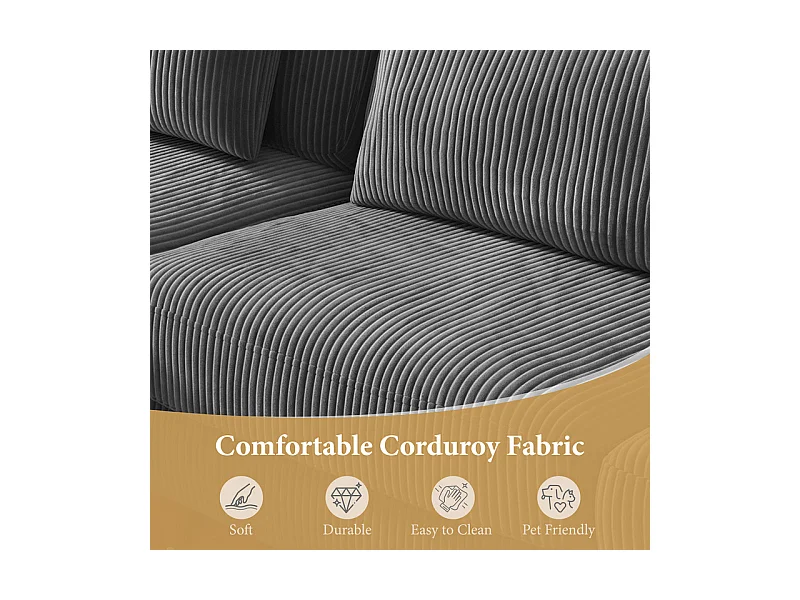 Canapé d'angle réversible en velours cotelé - 2 places + méridienne - Gris - 256 x 160 x 88 cm