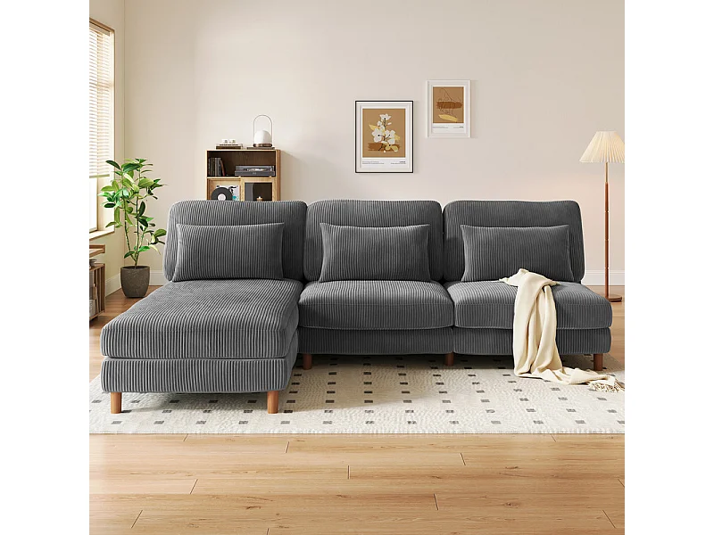 Canapé d'angle réversible en velours cotelé - 2 places + méridienne - Gris - 256 x 160 x 88 cm