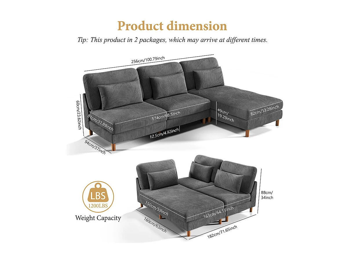 Canapé d'angle réversible en velours cotelé - 2 places + méridienne - Gris - 256 x 160 x 88 cm