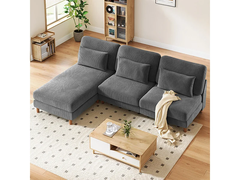 Canapé d'angle réversible en velours cotelé - 2 places + méridienne - Gris - 256 x 160 x 88 cm