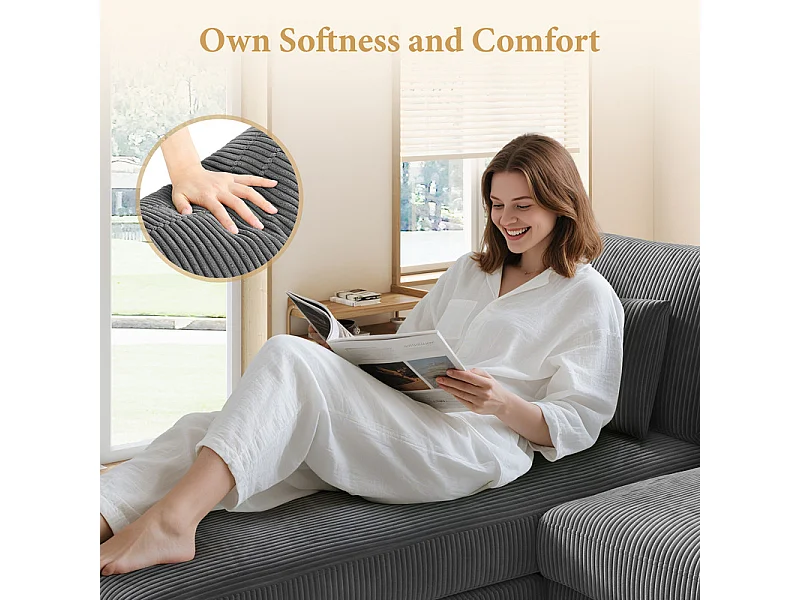 Canapé d'angle réversible en velours cotelé - 2 places + méridienne - Gris - 256 x 160 x 88 cm