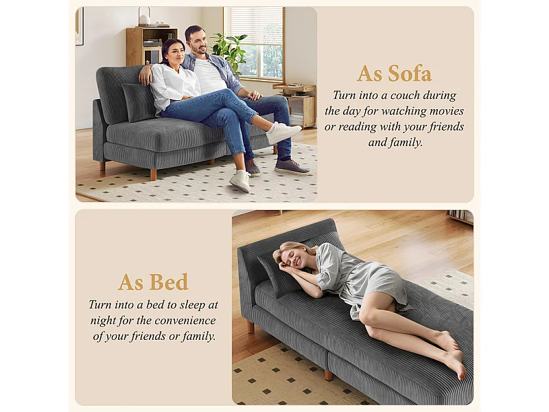 Canapé d'angle réversible en velours cotelé - 2 places + méridienne - Gris - 256 x 160 x 88 cm