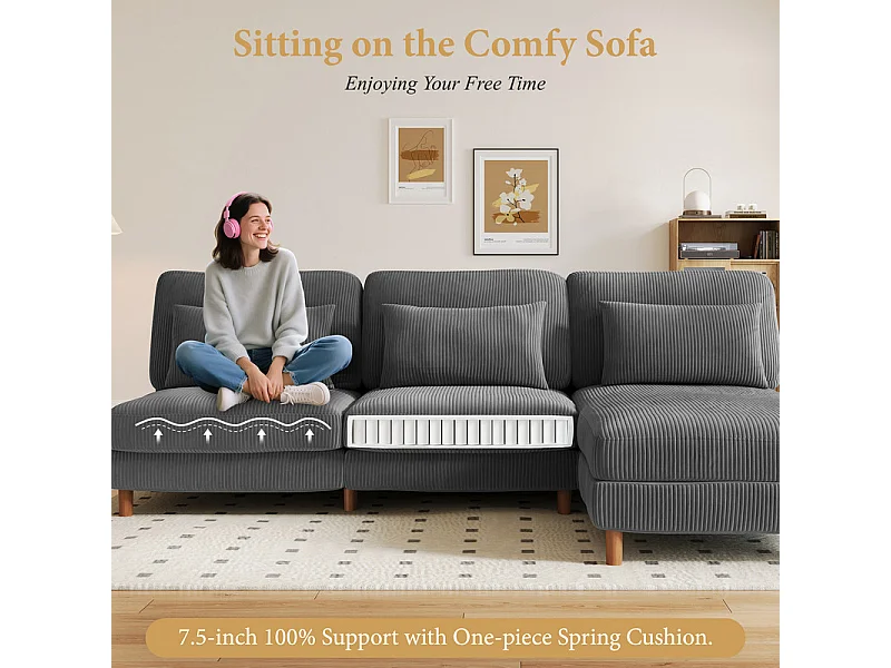 Canapé d'angle réversible en velours cotelé - 2 places + méridienne - Gris - 256 x 160 x 88 cm