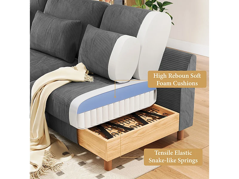 Canapé d'angle réversible en velours cotelé - 2 places + méridienne - Gris - 256 x 160 x 88 cm