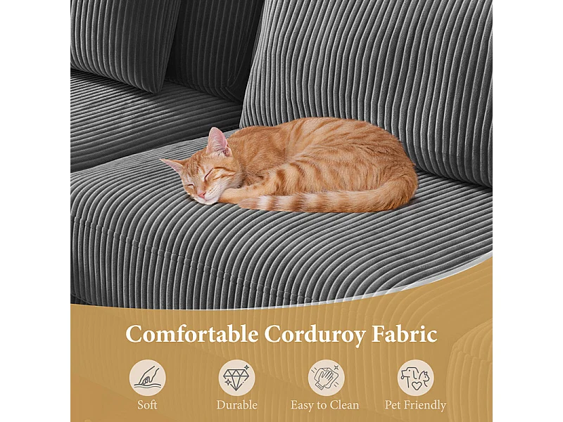 Canapé d'angle réversible en velours cotelé - 2 places + méridienne - Gris - 256 x 160 x 88 cm