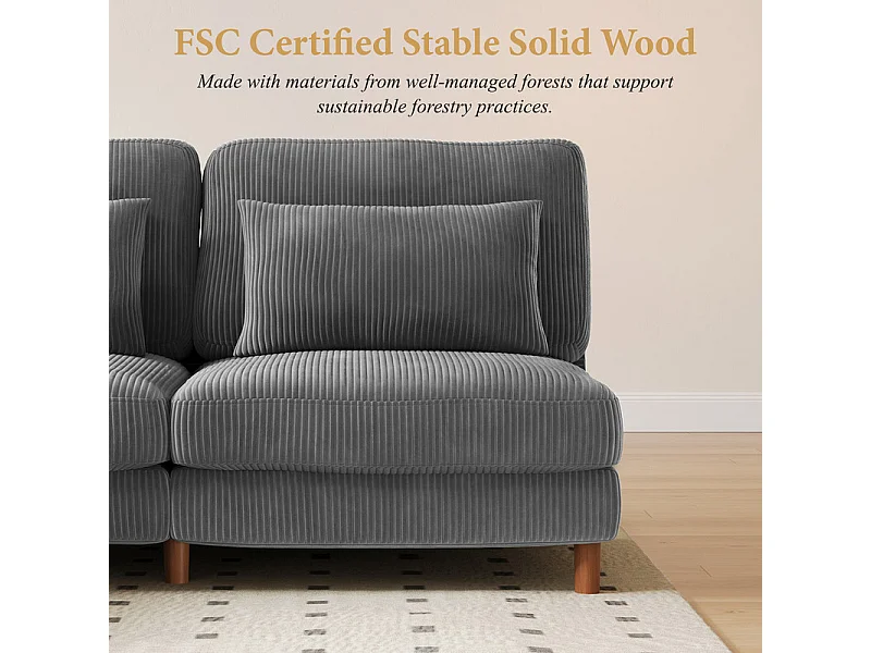 Canapé d'angle réversible en velours cotelé - 2 places + méridienne - Gris - 256 x 160 x 88 cm