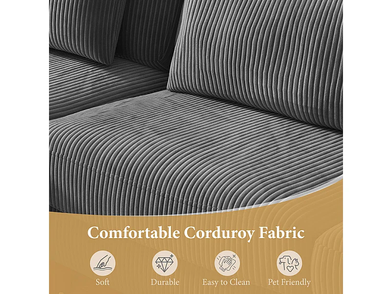 Canapé d'angle réversible en velours cotelé - 2 places + méridienne - Gris - 256 x 160 x 88 cm