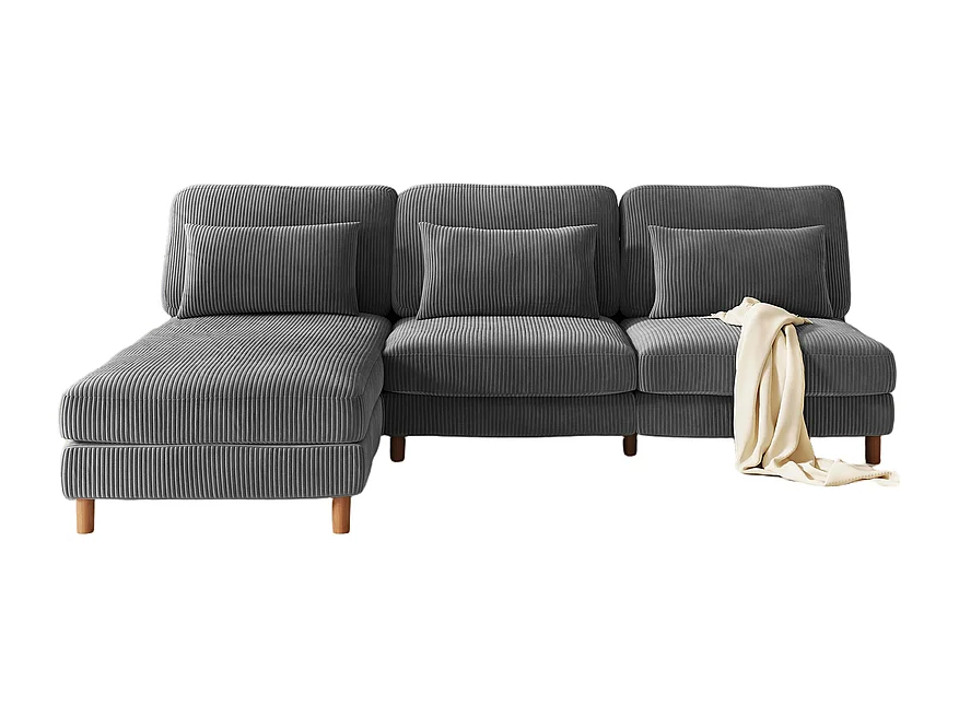 Canapé d'angle réversible en velours cotelé - 2 places + méridienne - Gris - 256 x 160 x 88 cm