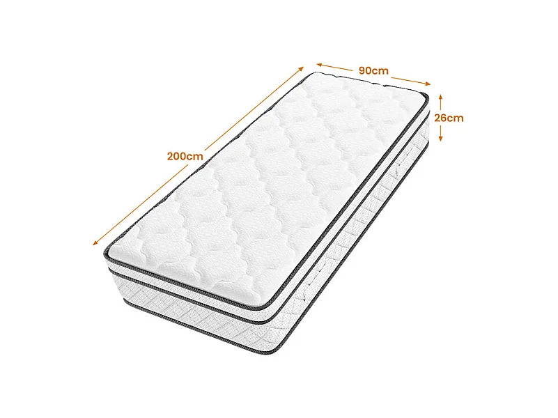 Matelas 90x200cm - Épaisseur 26cm - avec ressorts ensachés - Multicouches Extra Confort 7 Zones - Hypoallergénique