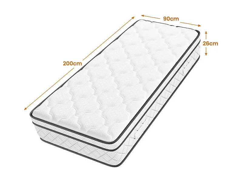Matelas 90x200cm - Épaisseur 26cm - avec ressorts ensachés - Multicouches Extra Confort 7 Zones - Hypoallergénique