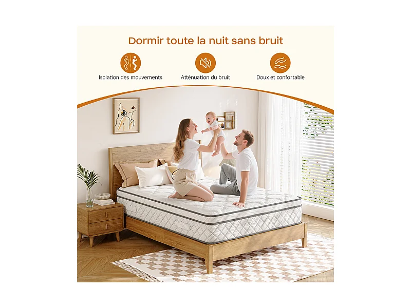 Matelas 140x200cm - Épaisseur 26cm - avec ressorts ensachés - Multicouches Extra Confort 7 Zones - Hypoallergénique