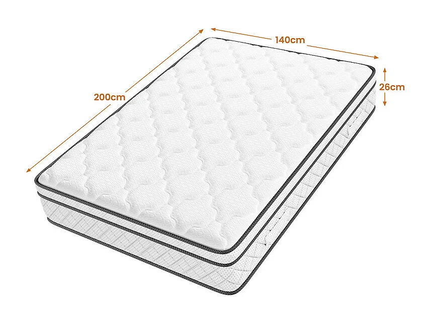 Matelas 140x200cm - Épaisseur 26cm - avec ressorts ensachés - Multicouches Extra Confort 7 Zones - Hypoallergénique